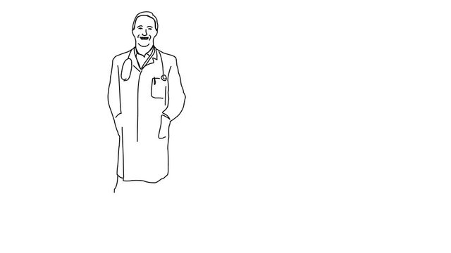Animated sketch vector drawing doodle male doctor standing wearing lab coat and stethoscope drawn in black changes to color illustration