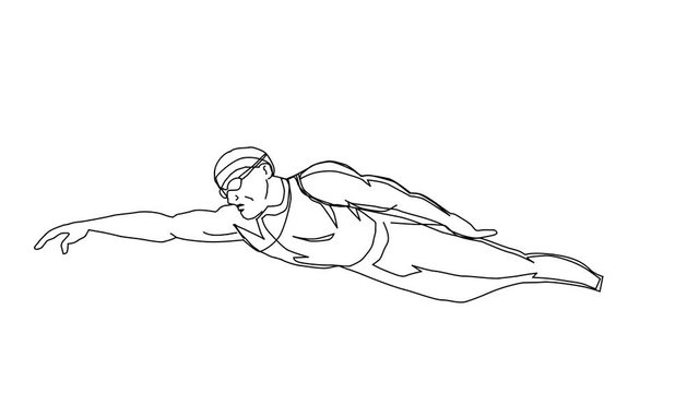 Animated sketch vector self drawing doodle male swimmer freestyle stroke drawn in black changes to color illustration