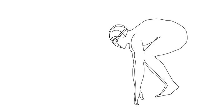 Animated sketch vector self drawing doodle male swimmer racer at starting block ready to dive in pool drawn in black changes to color illustration
