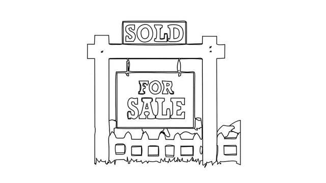 Animated sketch vector drawing doodle real estate for sale sign sold front yard drawn in black changes to color illustration
