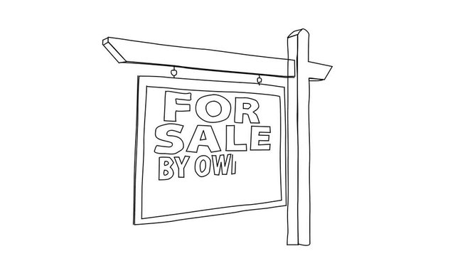 Animated sketch vector drawing doodle real estate for sale by owner lawn sign drawn in black changes to color illustration