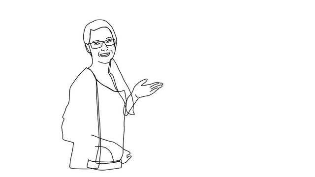 Animated sketch vector drawing doodle female physics science teacher explains Einsteins famous formula on whiteboard drawn in black changes to color illustration