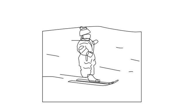 Animated sketch vector drawing doodle young child learning to snow ski drawn in black changes to color illustration