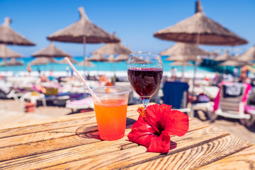 juice color cocktail and wine during touristic vacation.