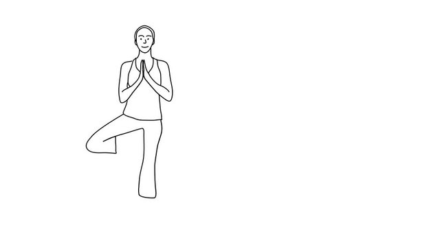 Animated sketch vector self drawing doodle yoga woman female doing Vrikshasana tree pose asana posture drawn in black changes to color illustration
