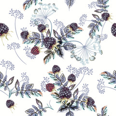 Beautiful vector flower pattern with watercolor berries
