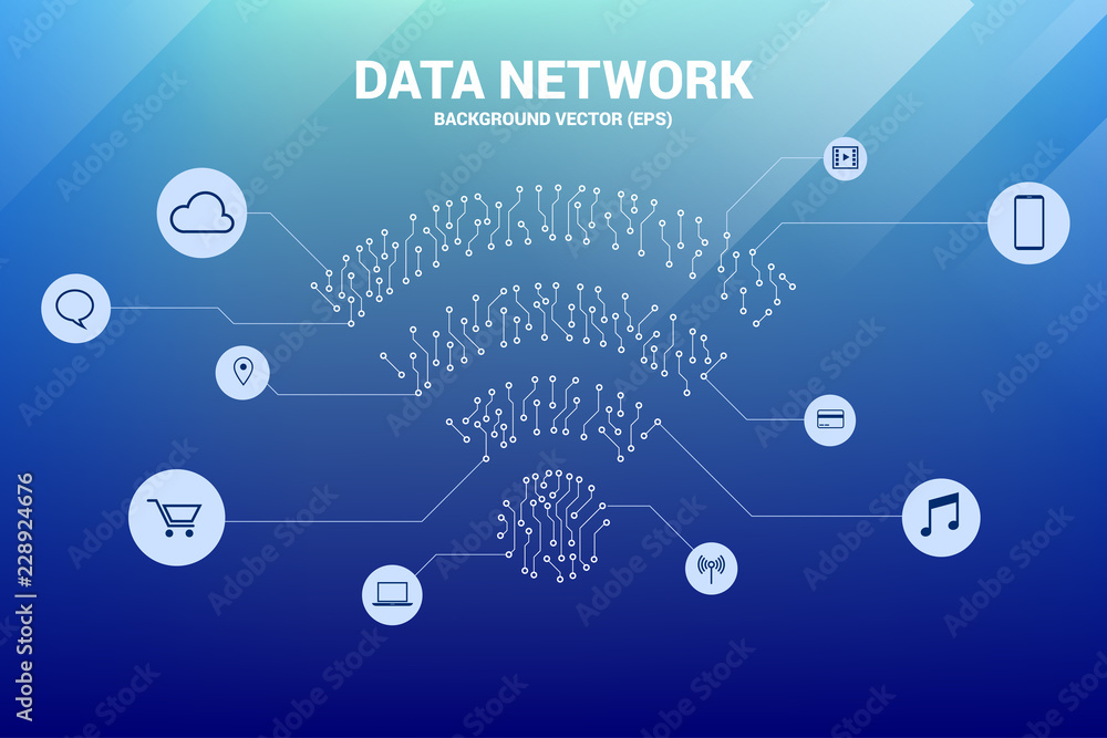 Poster Vector dot connect line circuit board style mobile data icon. Concept for data transfer of mobile and wi-fi data network.