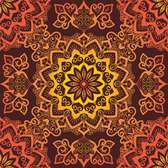 Orange Mandala Pattern. Decorative round ornament on red background. Hand drawn round geometry ornament. Islam, Arabic, Indian style