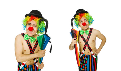 Clown with umbrella isolated on white