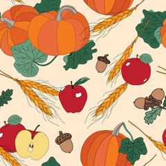 Autumnal seamless repeat pattern with harvest vegetables, acorns, wheat spikelets, pumpkins with leaves and ripe apples