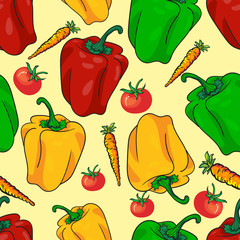 Seamless pattern vegetables with peppers, tomatoes, and carrots. Realistic hand drawing vector background for wallpaper, texture, fabric, textile, and surface design