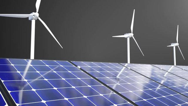 Rotating windmills and solar panels, 3d render background, computer generating for ecology design