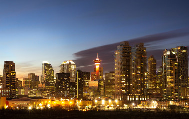 Calgary Skyline and the tower at blue hour, sunset with clear sky