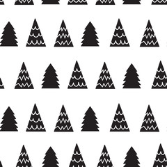 Vector seamless pattern with Christmas trees. Hand-drawn style, Scandinavian motifs. New year background