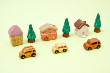 Miniature wooden cars and towns