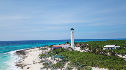 Drone shoot of white light house on the island of Cozumel Mexico 
