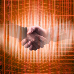 Conceptual close up businessmen handshake in abstract structural lights