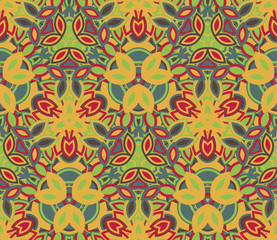 Colorful abstract seamless pattern, background. Composed of colored shapes. Useful as design element for texture and artistic compositions.