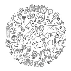 Set of hand drawn kid learning doodles shaped in circle : Vector Illustration