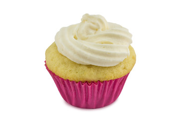 Cup cake with white topping in pink wrapper isolated on white background