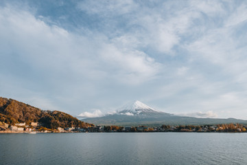 Mount fuji san at Lake kawaguchiko in japan on sunrise. 