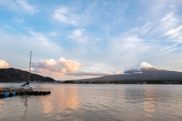 Mount fuji san at Lake kawaguchiko in japan on sunrise. 