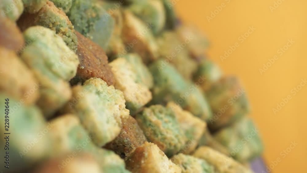 Aufkleber bread crumbs background macro view, rotation 360 degrees.