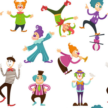Clown and mime entertaining people seamless pattern vector.