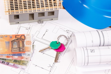 Currencies euro, home keys, electrical diagrams for engineer jobs and house under construction,...