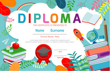 Certificates kindergarten and elementary, Preschool Kids Diploma certificate background design template, Diploma template for kindergarten students, Certificate of kids diploma, vector illustration