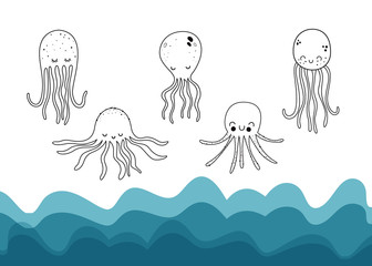 Vector set with 5 octopuses. Hand-drawn style. Cartoon style