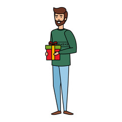 young man with christmas clothes and gift