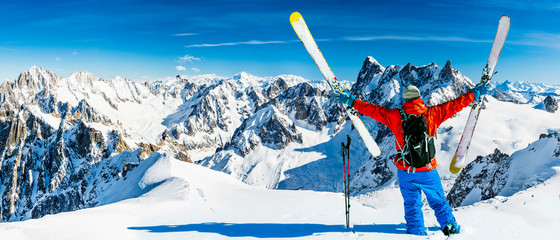 Skiing Vallee Blanche Chamonix with amazing panorama of Grandes Jorasses and Dent du Geant from Aiguille du Midi, Mont Blanc mountain, Haute-Savoie, France