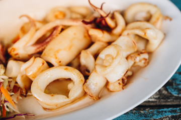 Sun dried calamari or fried squid with chilli sauce (seafood sauce). Thailand Food Style on the white plat