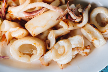 Sun dried calamari or fried squid with chilli sauce (seafood sauce). Thailand Food Style on the white plat