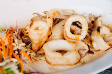 Sun dried calamari or fried squid with chilli sauce (seafood sauce). Thailand Food Style on the white plat