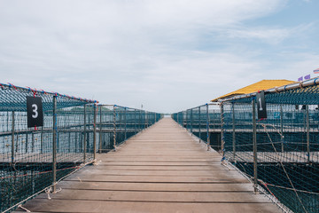 Wooden pedestrian path over sea surface with beautiful view of Ao Khung Kraben bay at Sea Fish Farming Demonstration Unit, Royal Project, Ta Mai District, Chanthaburi.