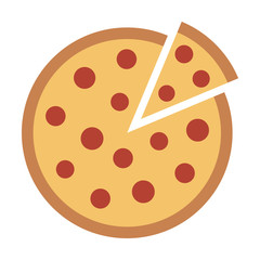 Whole pepperoni pizza pie with loose slice flat vector color icon for food apps and websites