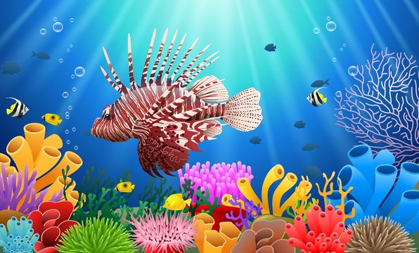 Lionfish and coral reefs in the sea. underwater beauty. Vector illustration