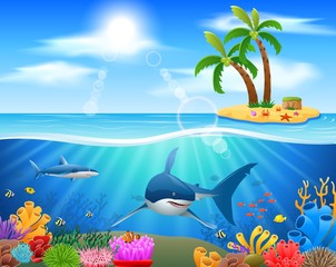 Fototapeta na wymiar Sharks and coral reefs in the sea. underwater beauty. Vector illustration