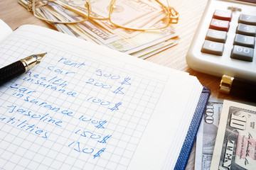 Household account paper, calculator and money. Monthly personal expenses.
