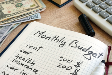 Note pad with monthly budget calculations and money. - obrazy, fototapety, plakaty