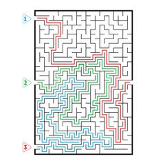 Abstract rectangular large maze. Game for kids. Puzzle for children. Three entrances, one exit. Labyrinth conundrum. Flat vector illustration isolated on white background. With answer.