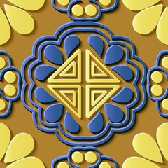 Seamless relief sculpture decoration retro pattern oriental Chinese yellow round cross flower frame kaleidoscope