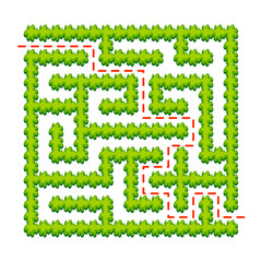 Abstract square labyrinth - green garden. Game for kids. Puzzle for children. One entrance, one exit. Labyrinth conundrum. Vector illustration. With answer.