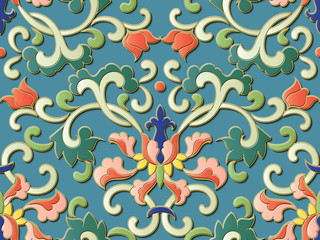 Seamless relief sculpture decoration retro pattern Chinese botanic spiral curve vine leaf flower