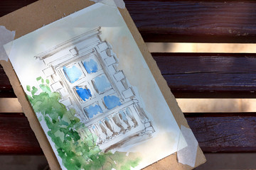 Watercolor drawing of the old city. City sketching, street sketches.