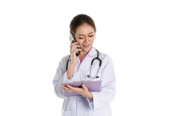 doctor woman talk about phone on white background