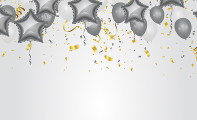 balloons poster for celebrate the national day  Happy card. and ribbons. Flat falling glitter. Abstract triangles and ribbons on label.