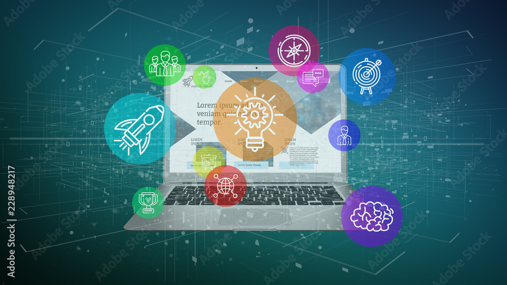 Poster view of a cloud of colorfull start up icon bubble with a laptop 3d rendering